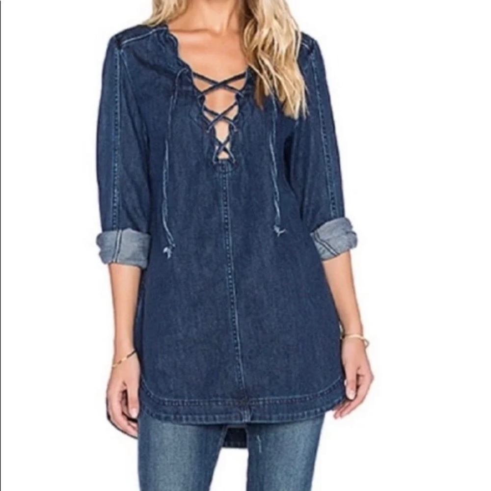 Free People Neapolitan Dreams Lace Up Longsleeve Denim Dress Tunic Size Small